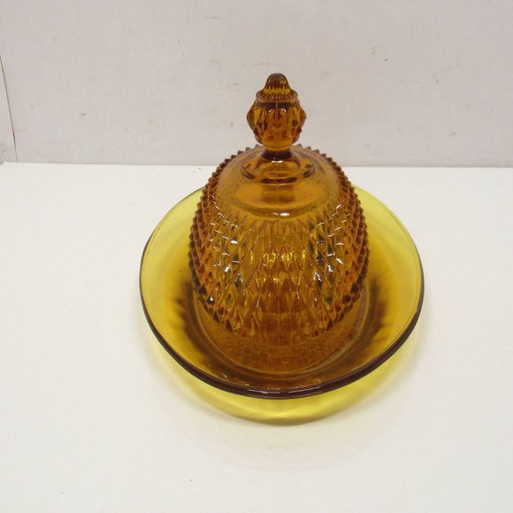 Vintage Indiana Amber Glass Diamond Point Covered Oval Butter Dish - Picture 3 of 8